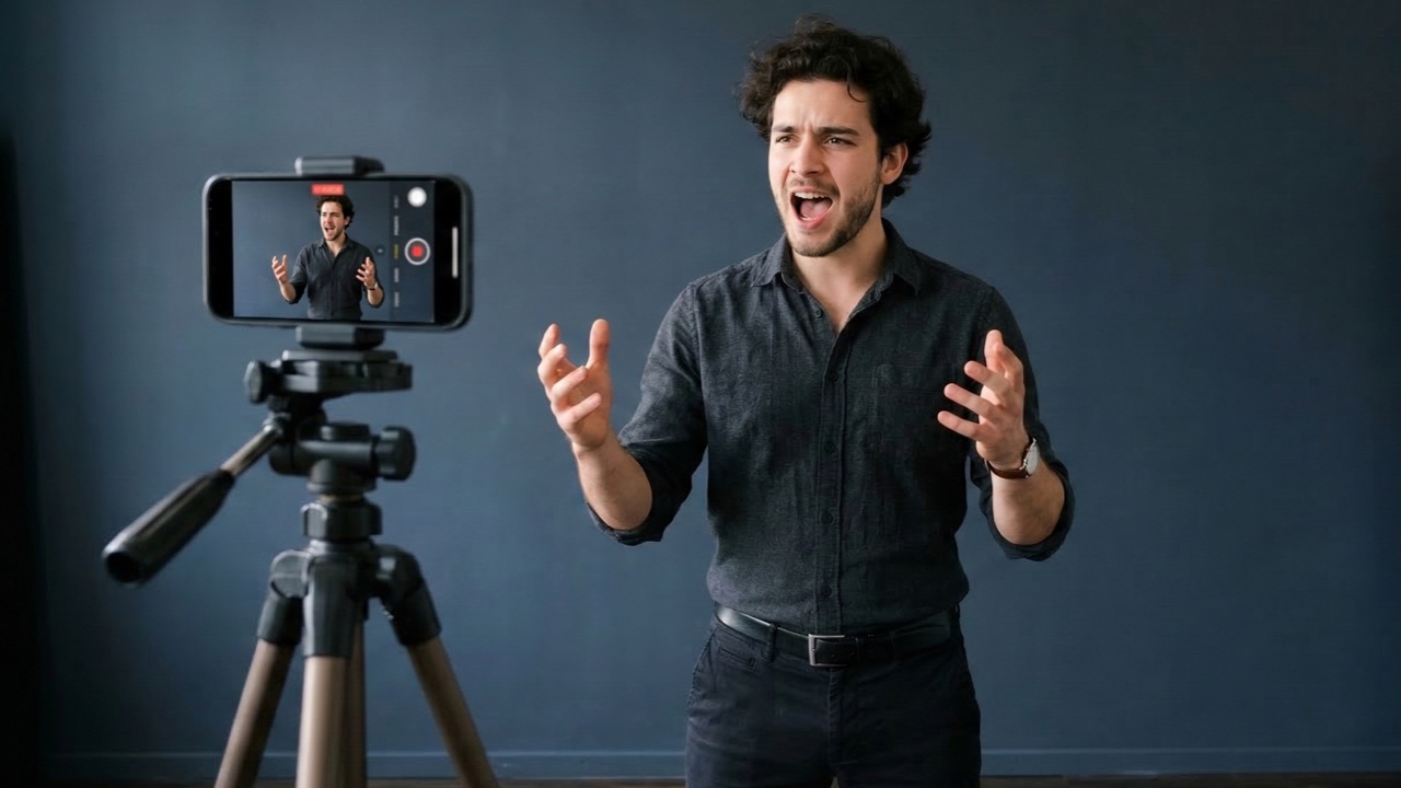 Ein KI-generiertes Bild eines Musicaldarstellers, der ein Casting-Video aufnimmt. Er sieht einem echten Darsteller zum Verwechseln ähnlich.